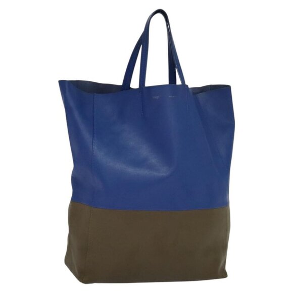 CELINE Vertical Cabas Hand Bag Leather Blue Brown - Picture 1 of 16